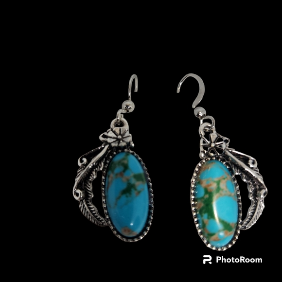 Navajo Silver Turquoise Drop Earrings Turquoise South Western NWT - Picture 6 of 8